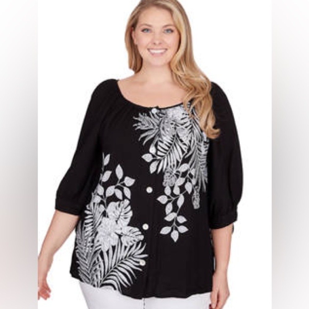 Ruby Rd. Tropical Print Crepe Top with Sleeve Ties NEW 1X